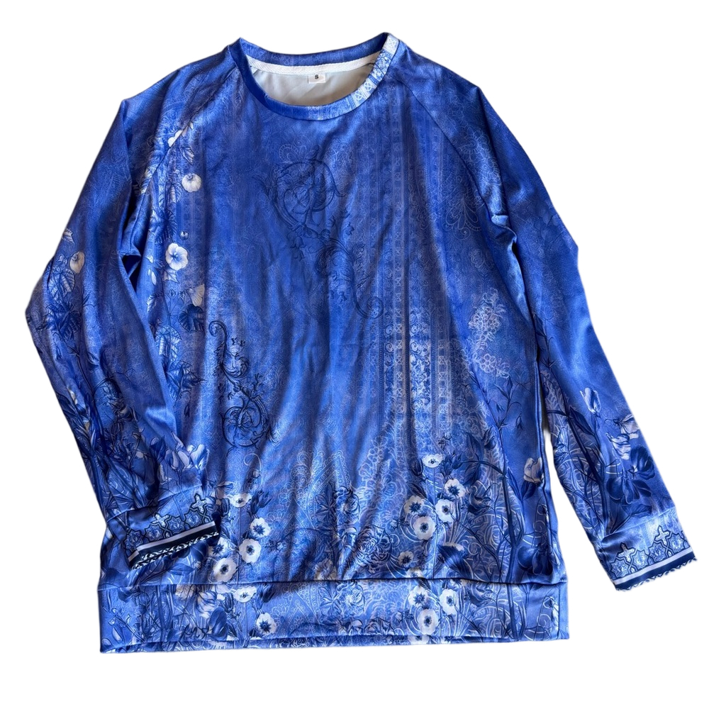 Women's Blue and White Floral Long Sleeve Top Size Small #260613